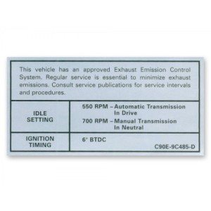 FORD MUSTANG 1969 GT DECALQUE POUR EMISSIONS BOITE MANUELLE ET AUTOMATIQUE GT 390 4V Auto Manual transmission Emissions decal SC
