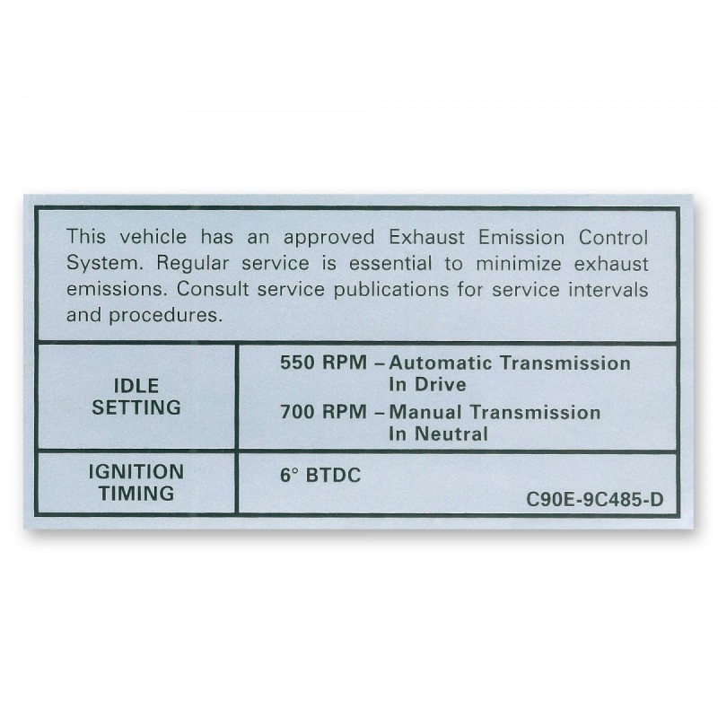FORD MUSTANG 1969 GT DECALQUE POUR EMISSIONS BOITE MANUELLE ET AUTOMATIQUE GT 390 4V Auto Manual transmission Emissions decal SC
