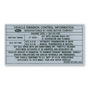FORD MUSTANG 1970 DECALQUE POUR EMISSIONS BOITE MANUELLE ET AUTOMATIQUE 351 4V Auto Manual transmission Emissions decal SCOTT DR