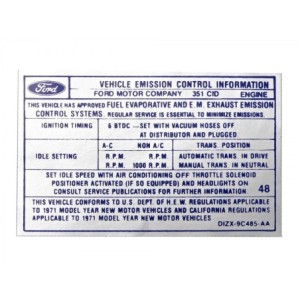 FORD MUSTANG 1971 FASTBACK DECALQUE POUR EMISSIONS BOITE MANUELLE BOSS 351 Manual transmission Emissions decal SCOTT DRAKE DF-45