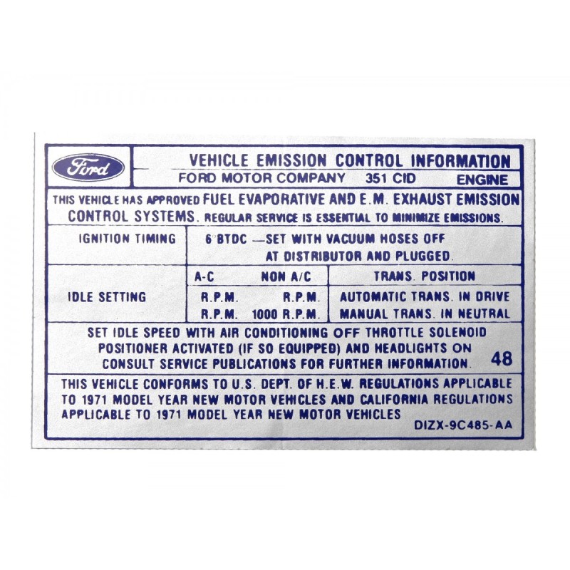 FORD MUSTANG 1971 FASTBACK DECALQUE POUR EMISSIONS BOITE MANUELLE BOSS 351 Manual transmission Emissions decal SCOTT DRAKE DF-45