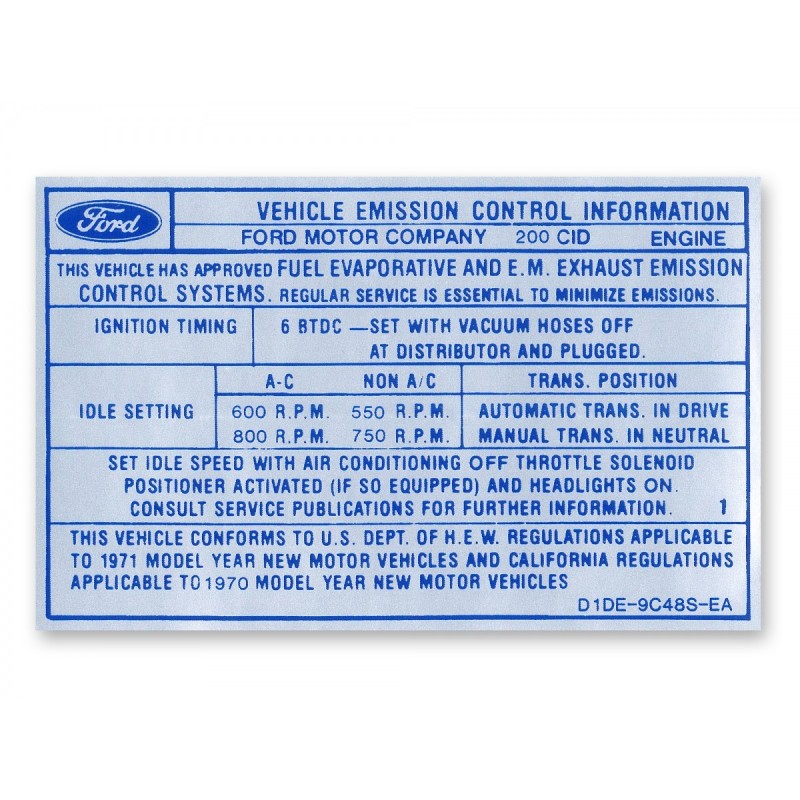 FORD MUSTANG 1971 200 DECALQUE POUR EMISSIONS BOITE MANUELLE AUTOMATIQUE Auto Manual transmission Emissions decal SCOTT DRAKE DF