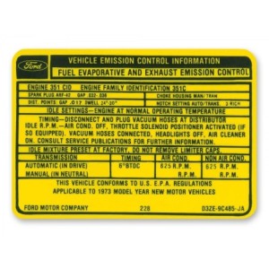 FORD MUSTANG 1973 351C 2V DECALQUE POUR EMISSIONS BOITE MANUELLE AUTOMATIQUE Auto Manual transmission Emissions decal SCOTT DRAK