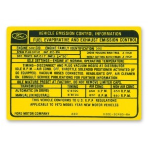 FORD MUSTANG 1973 302 2V DECALQUE POUR EMISSIONS BOITE MANUELLE AUTOMATIQUE Auto Manual transmission Emissions decal SCOTT DRAKE