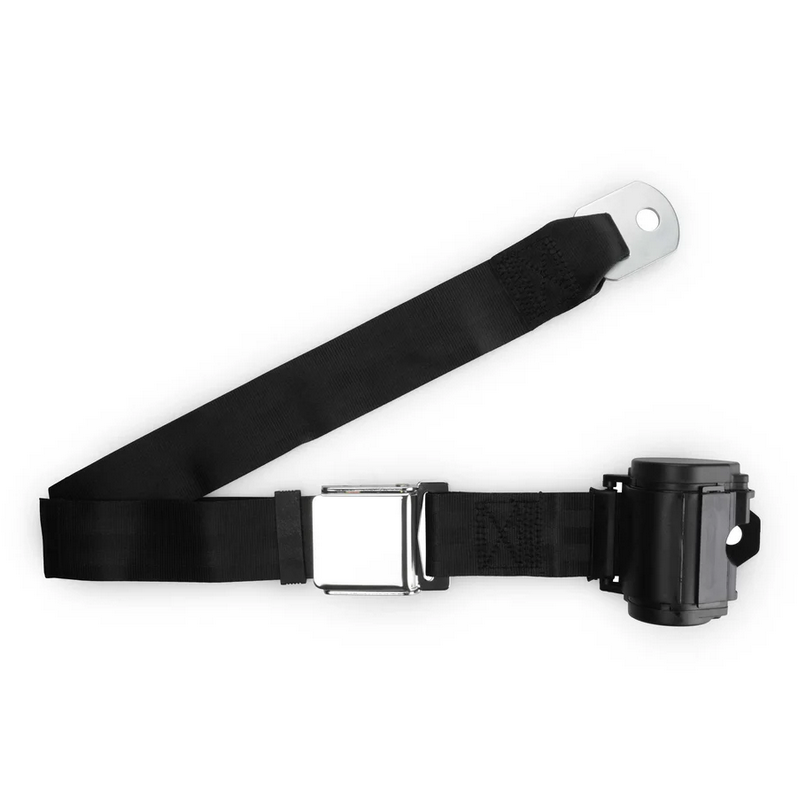 2pt black retractable lap belt chrome aviation buckle w/lap belt hardware kit RETROBELT 259-BLK-21