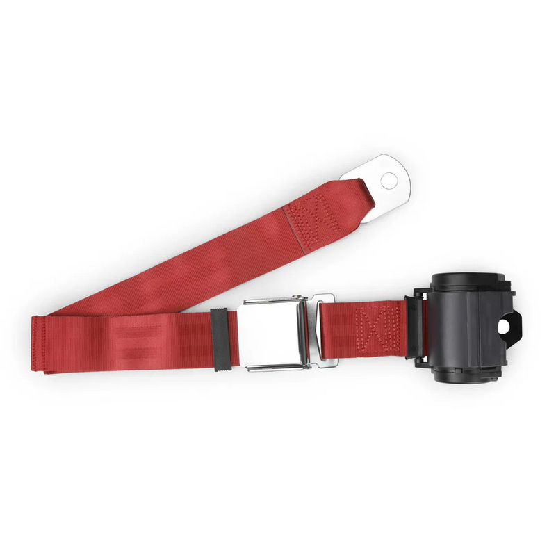 2pt bright red retractable lap belt chrome aviation buckle w/lap belt hardware kit RETROBELT 259-BRD-21