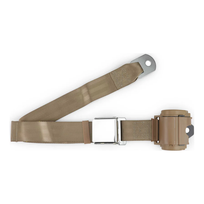 2pt tan retractable lap belt chrome aviation buckle w/lap belt hardware kit RETROBELT 259-TAN-21