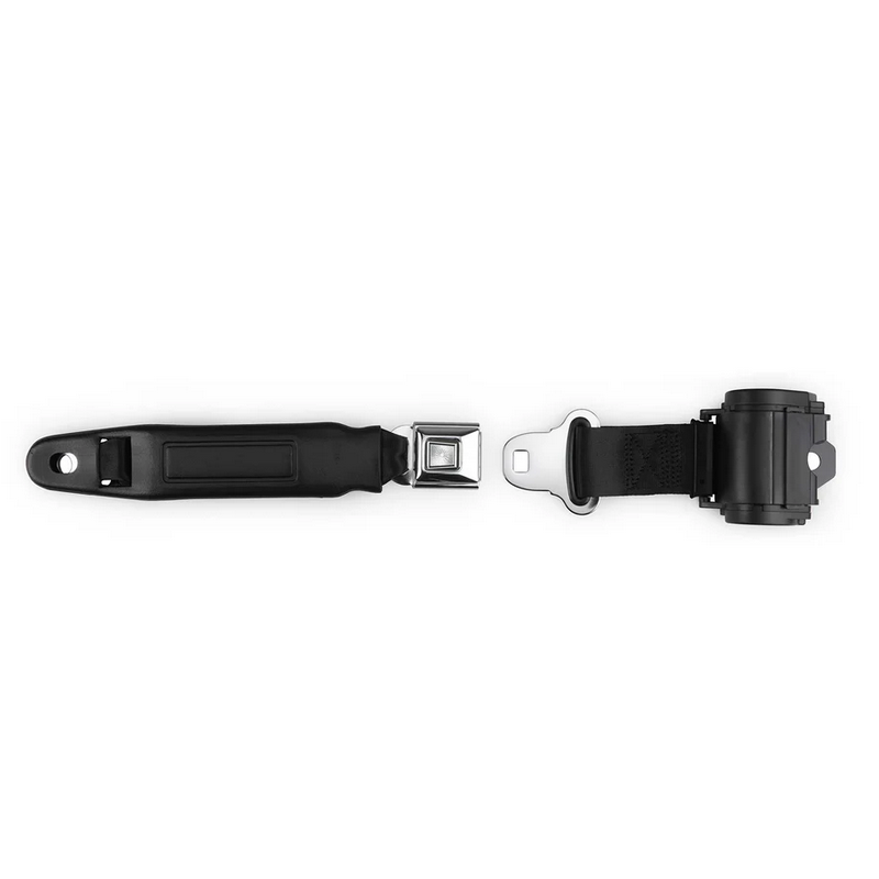 2pt black retractable lap belt chrome starburst pushbutton 12 buckle w/lap belt hardware kit RETROBELT 269-BLK-12-21