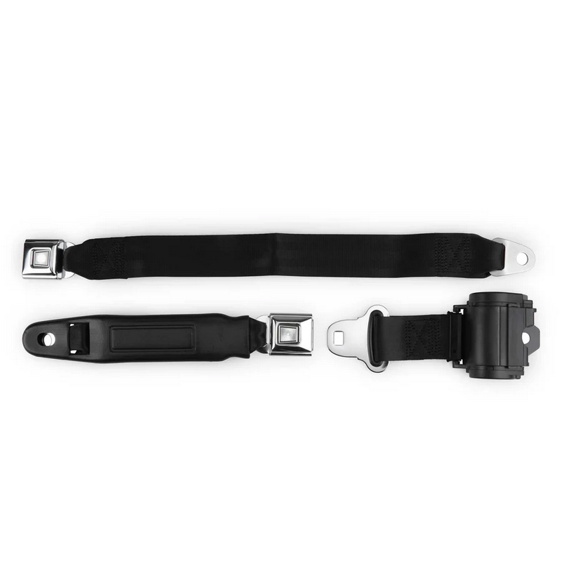 2pt black retractable lap belt chrome starburst pushbutton 20 buckle RETROBELT 269-BLK-20