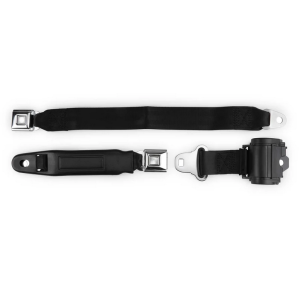 2pt black retractable lap belt chrome starburst pushbutton 20 buckle w/lap belt hardware kit RETROBELT 269-BLK-20-21