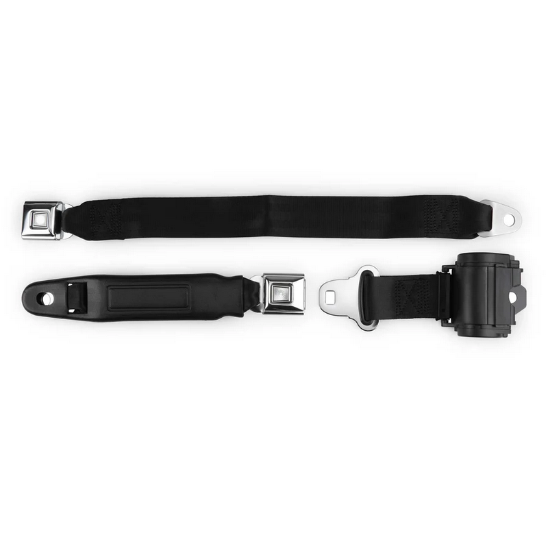 2pt black retractable lap belt chrome starburst pushbutton 20 buckle w/lap belt hardware kit RETROBELT 269-BLK-20-21