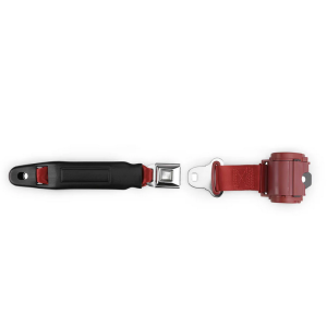 2pt bright red retractable lap belt chrome starburst pushbutton 12 buckle w/lap belt hardware kit RETROBELT 269-BRD-12-21