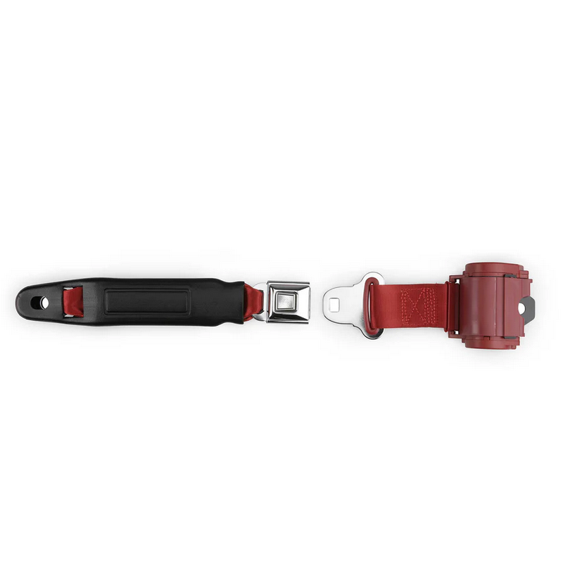 2pt bright red retractable lap belt chrome starburst pushbutton 12 buckle w/lap belt hardware kit RETROBELT 269-BRD-12-21