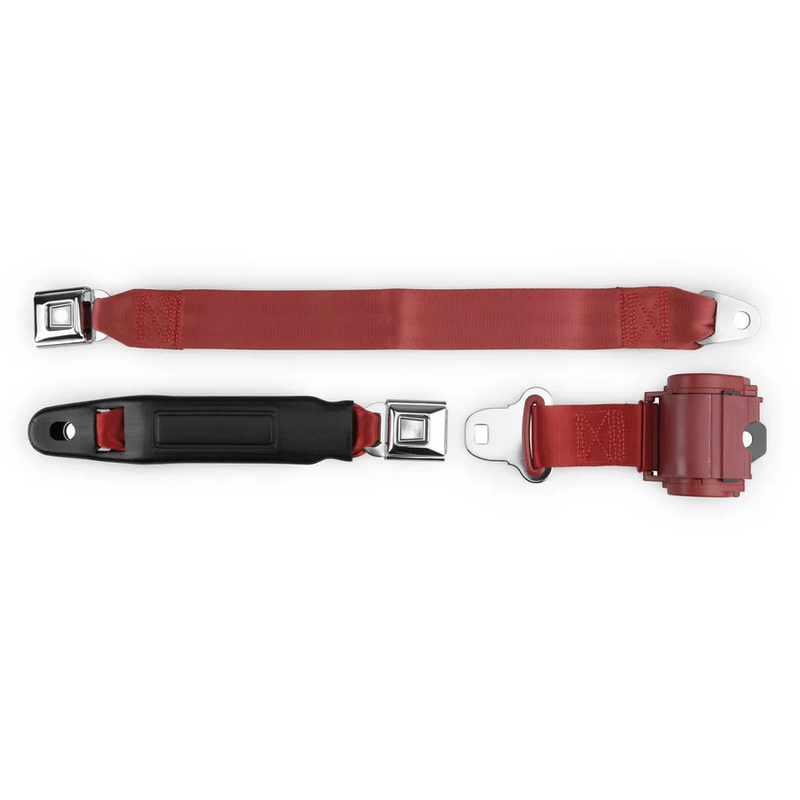 2pt bright red retractable lap belt chrome starburst pushbutton 20 buckle RETROBELT 269-BRD-20