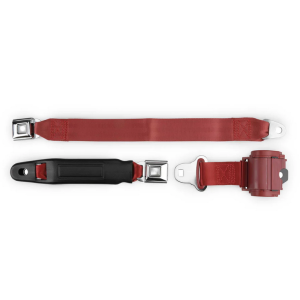 2pt bright red retractable lap belt chrome starburst pushbutton 20 buckle w/lap belt hardware kit RETROBELT 269-BRD-20-21
