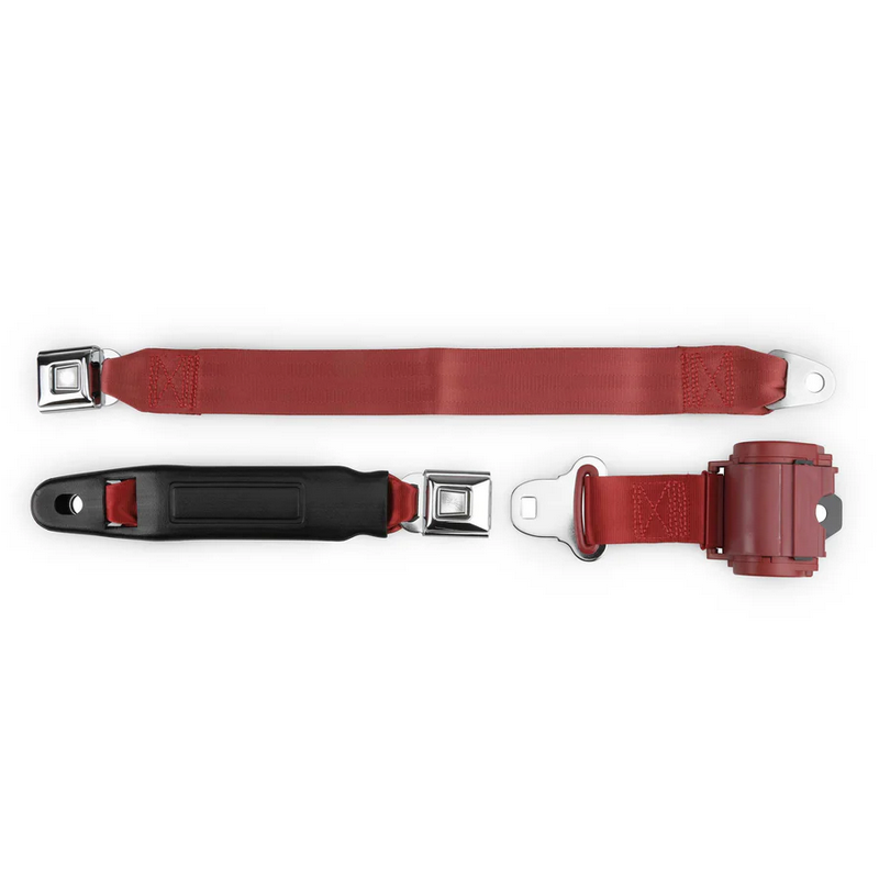2pt bright red retractable lap belt chrome starburst pushbutton 20 buckle w/lap belt hardware kit RETROBELT 269-BRD-20-21