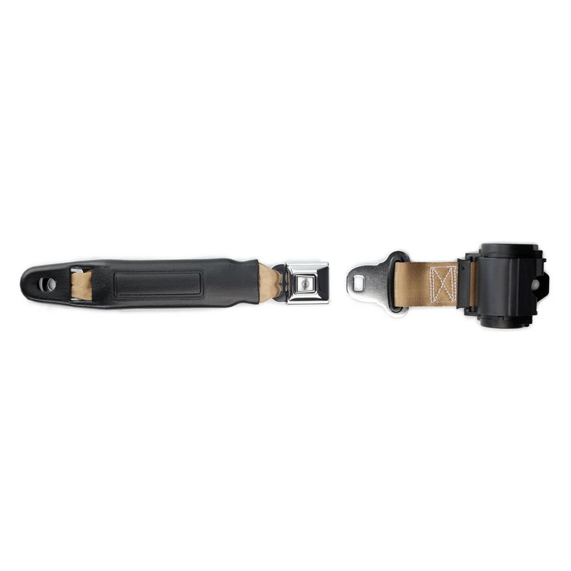 2pt tan retractable lap belt chrome starburst pushbutton 12 buckle w/lap belt hardware kit RETROBELT 269-TAN-12-21