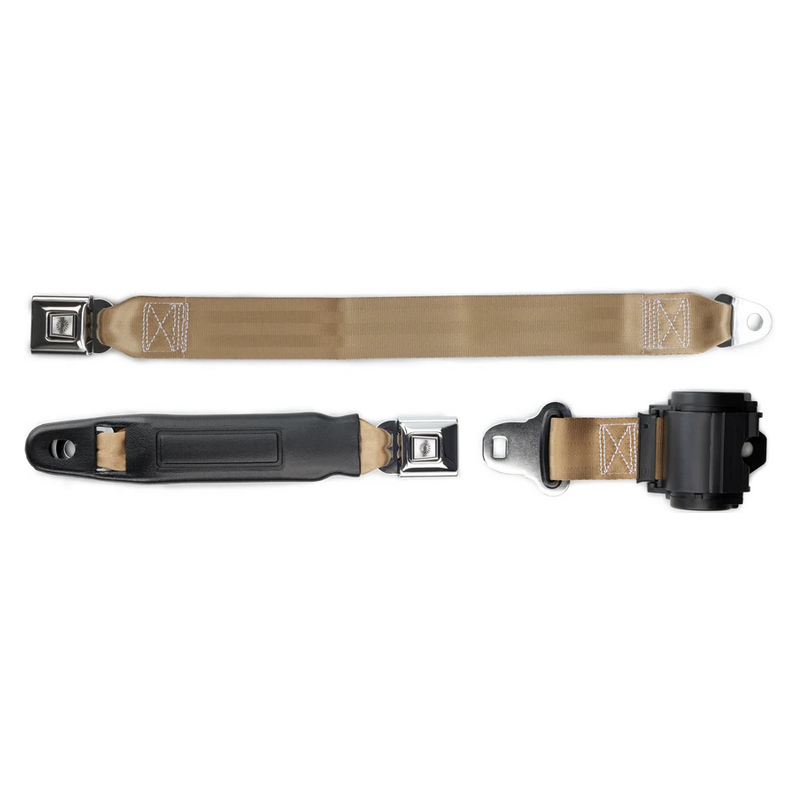 2pt tan retractable lap belt chrome starburst pushbutton 20 buckle RETROBELT 269-TAN-20