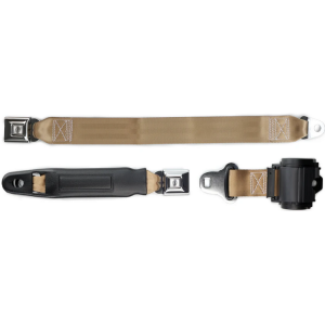2pt tan retractable lap belt chrome starburst pushbutton 20 buckle w/lap belt hardware kit RETROBELT 269-TAN-20-21
