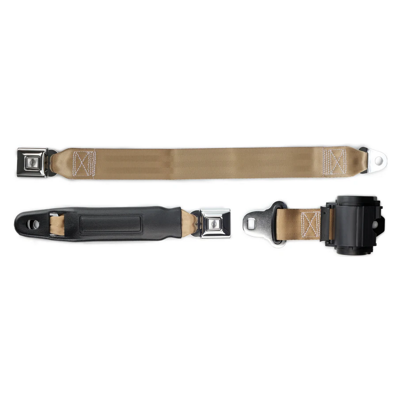 2pt tan retractable lap belt chrome starburst pushbutton 20 buckle w/lap belt hardware kit RETROBELT 269-TAN-20-21