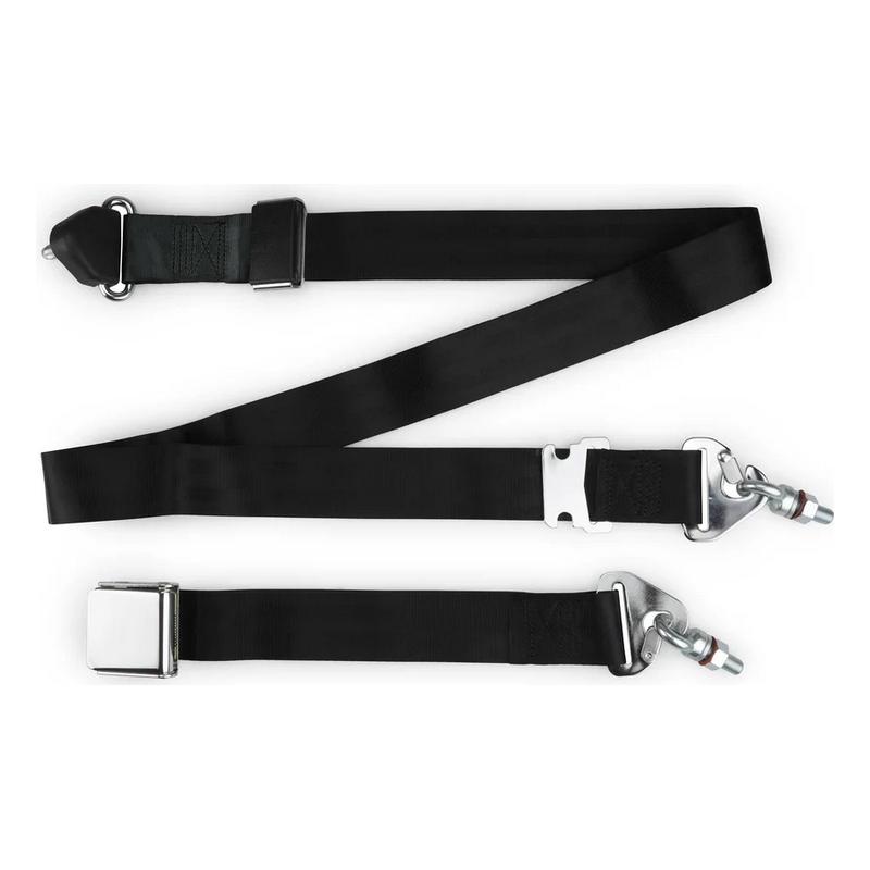 3pt black non retractable lap & shoulder belt chrome aviation 12 buckle & installation hardware RETROBELT 358-BLK-12-32