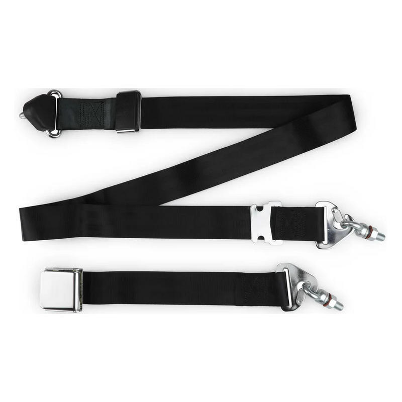 3pt black non retractable lap & shoulder belt chrome aviation 20 buckle & installation hardware RETROBELT 358-BLK-20-31