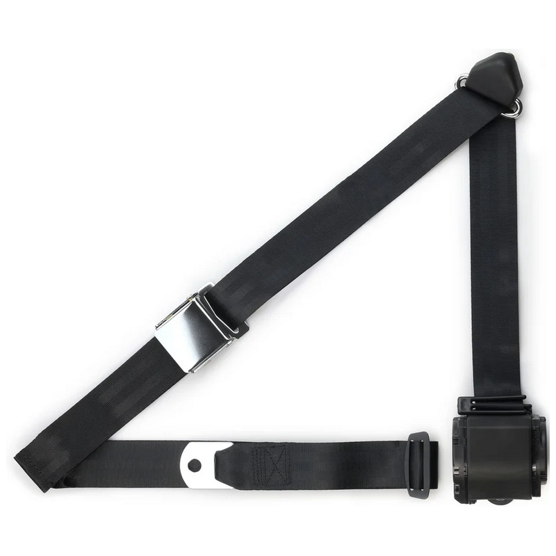 3pt black retractable lap & shoulder belt chrome aviation buckle RETROBELT 359-BLK