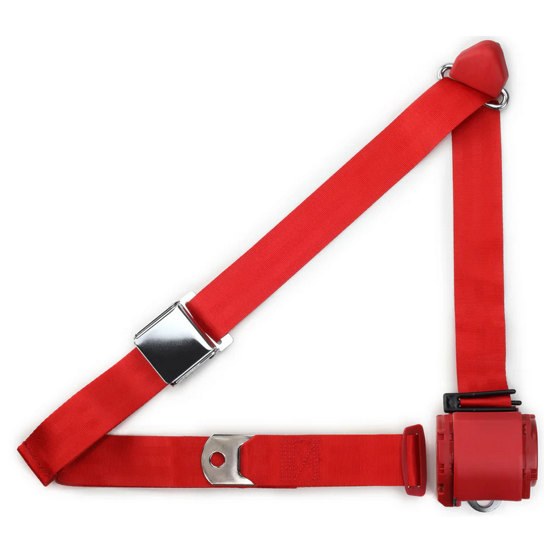3ptred retractable lap & shoulder belt chrome aviation buckle RETROBELT 359-RED