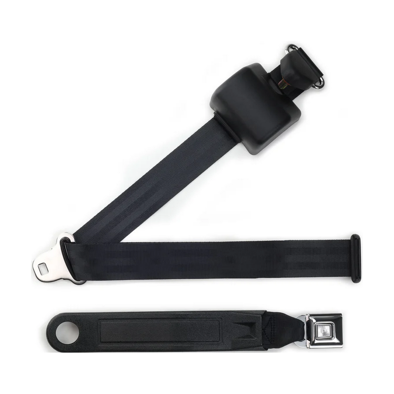 3pt black retractable lap & shoulder belt starburst pushbutton buckle in 12 sleeve RETROBELT 369-BLK-12