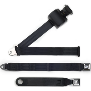 3pt black retractable lap & shoulder belt starburst pushbutton 20 buckle RETROBELT 369-BLK-20