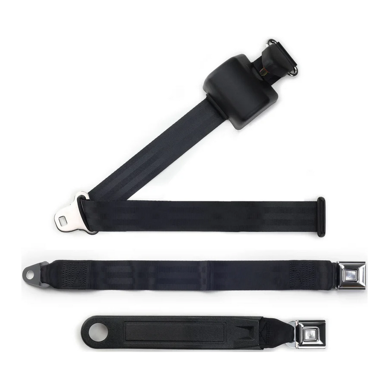 3pt black retractable lap & shoulder belt starburst pushbutton 20 buckle RETROBELT 369-BLK-20