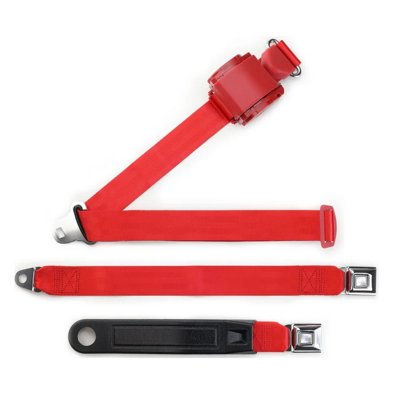 3pt bright red retractable lap & shoulder belt starburst pushbutton 20 buckle RETROBELT 369-BRD-20