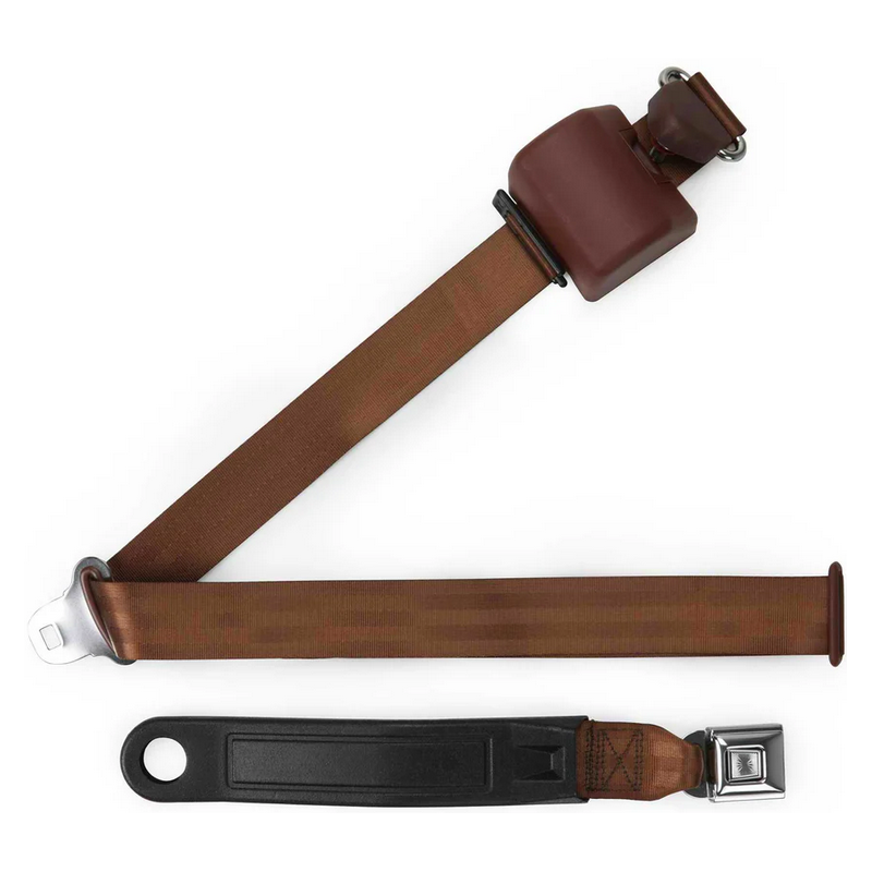 3pt brown retractable lap & shoulder belt starburst pushbutton buckle in 12 sleeve RETROBELT 369-BRN-12
