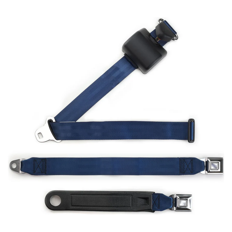3pt dark blue retractable lap & shoulder belt starburst pushbutton 20 buckle RETROBELT 369-DKB-20