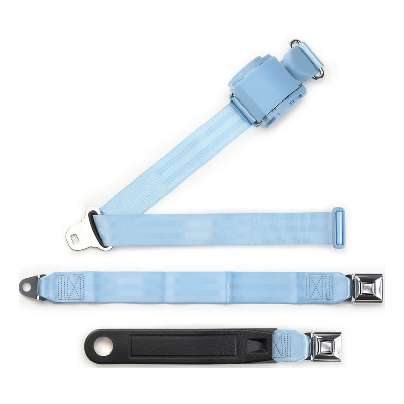 3pt powder blue retractable lap & shoulder belt starburst pushbutton 20 buckle RETROBELT 369-PDB-20