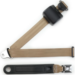 3pt tan retractable lap & shoulder belt starburst pushbutton buckle in 12 sleeve RETROBELT 369-TAN-12