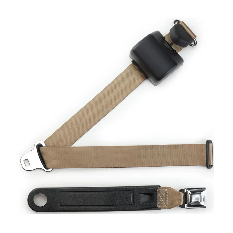 3pt tan retractable lap & shoulder belt starburst pushbutton buckle in 12 sleeve RETROBELT 369-TAN-12