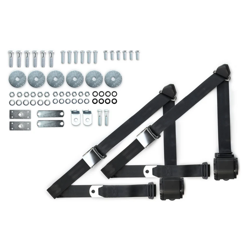1955-57 chevy 3pt 359-blk belts w/aviation buckle & hardware kit (pair) RETROBELT RB-557HKT-BLK