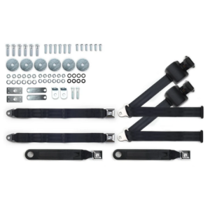 1955-57 chevy 3pt 369-blk-20 belts w/pushbutton & hardware kit for bench seat (pair) RETROBELT RB-557HKT-BLK-BE