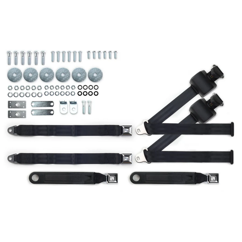 1955-57 chevy 3pt 369-blk-20 belts w/pushbutton & hardware kit for bench seat (pair) RETROBELT RB-557HKT-BLK-BE