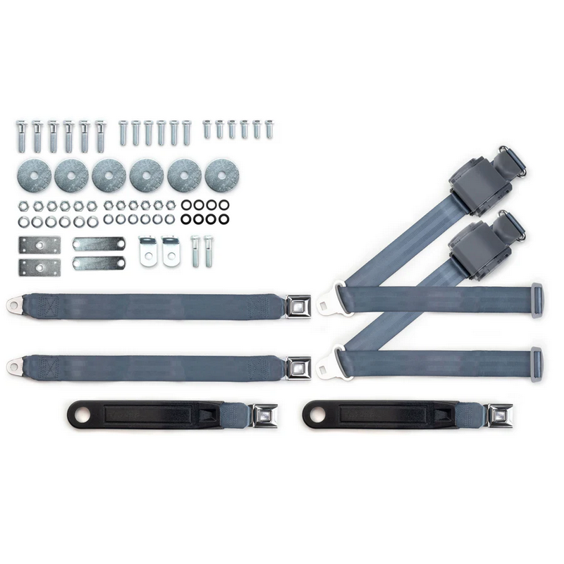 1955-57 chevy 3pt 369-blu-20 belts w/pushbutton & hardware kit for bench seat (pair) RETROBELT RB-557HKT-BLU-BE