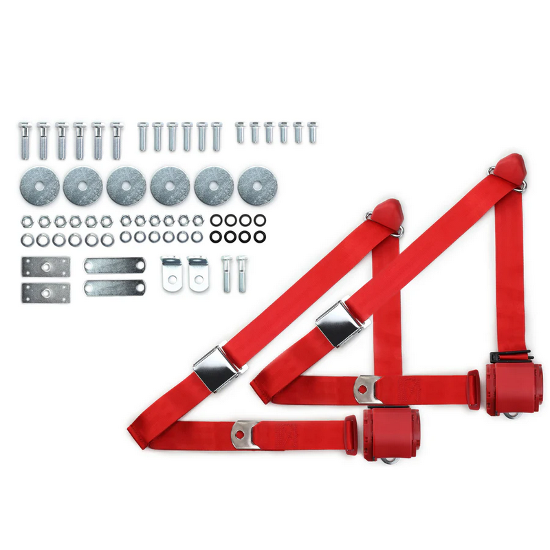 1955-57 chevy 3pt 359-brd belts w/aviation buckle & hardware kit (pair) RETROBELT RB-557HKT-BRD