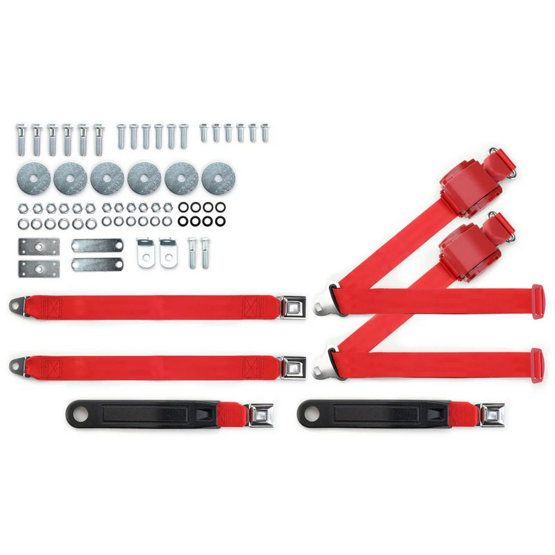 1955-57 chevy 3pt 369-brd-20 belts w/pushbutton & hardware kit for bench seat (pair) RETROBELT RB-557HKT-BRD-BE
