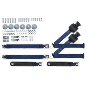 1955-57 chevy 3pt 369-dkb-20 belts w/pushbutton & hardwarer kit for bench seat (pair) RETROBELT RB-557HKT-DKB-BE