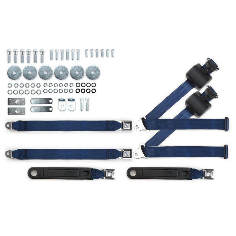1955-57 chevy 3pt 369-dkb-20 belts w/pushbutton & hardwarer kit for bench seat (pair) RETROBELT RB-557HKT-DKB-BE