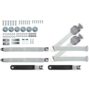 1955-57 chevy 3pt 369-gry-20 belts w/pushbutton & hardware kit for bench seat (pair) RETROBELT RB-557HKT-GRY-BE
