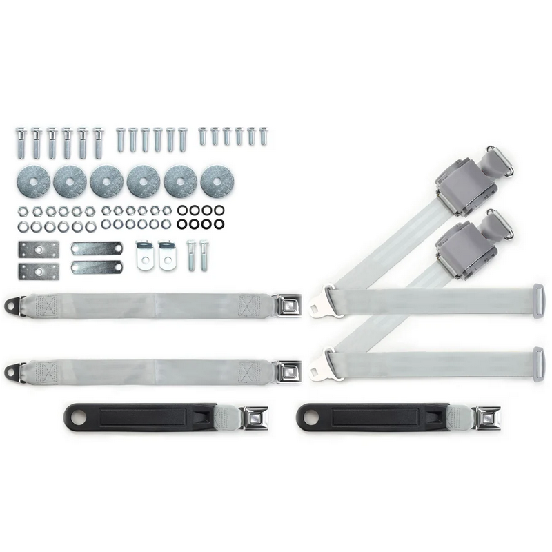 1955-57 chevy 3pt 369-gry-20 belts w/pushbutton & hardware kit for bench seat (pair) RETROBELT RB-557HKT-GRY-BE