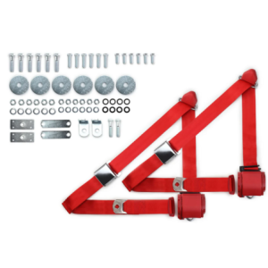 1955-57 chevy 3pt 359-brd belts w/aviation buckle & hardware kit (pair) RETROBELT RB-557HKT-RED