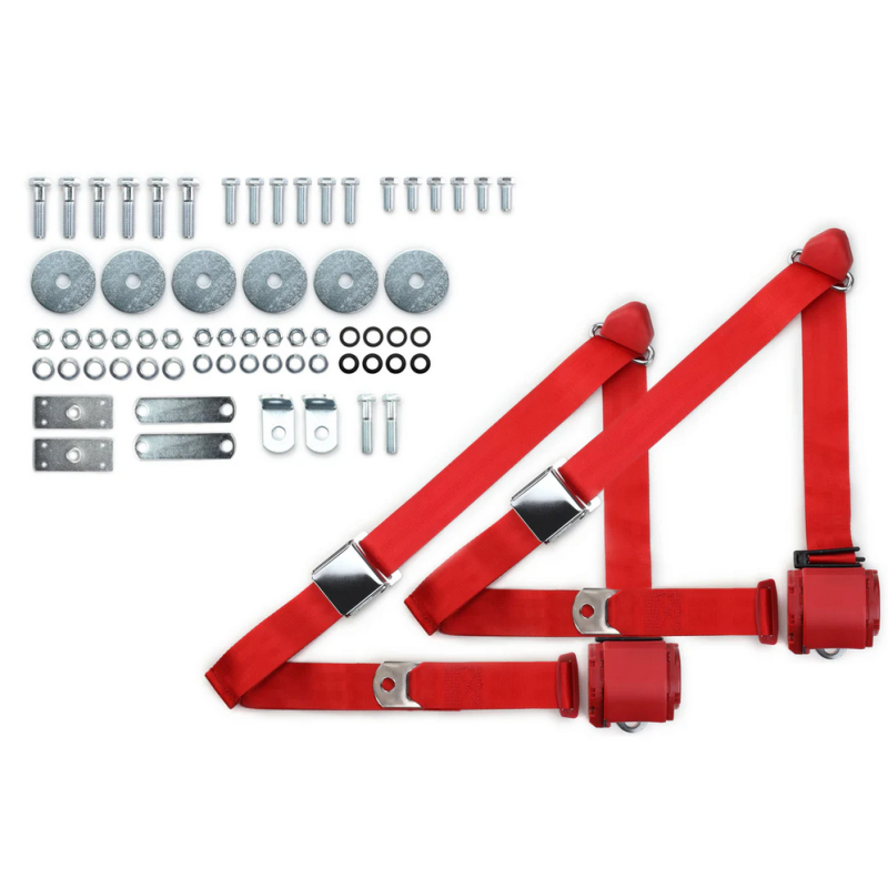 1955-57 chevy 3pt 359-brd belts w/aviation buckle & hardware kit (pair) RETROBELT RB-557HKT-RED