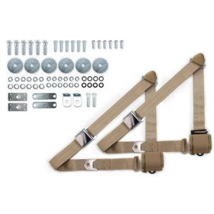 1955-57 chevy 3pt 359-sand belts w/aviation buckle & hardware kit (pair) RETROBELT RB-557HKT-SND